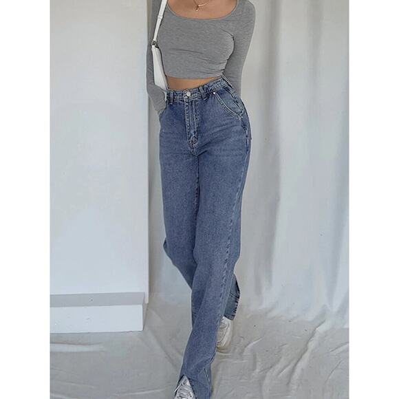Commense Women's Classic Straight‎ Leg Jeans Denim Slit Hem Blue Size Large NWT - Picture 1 of 9